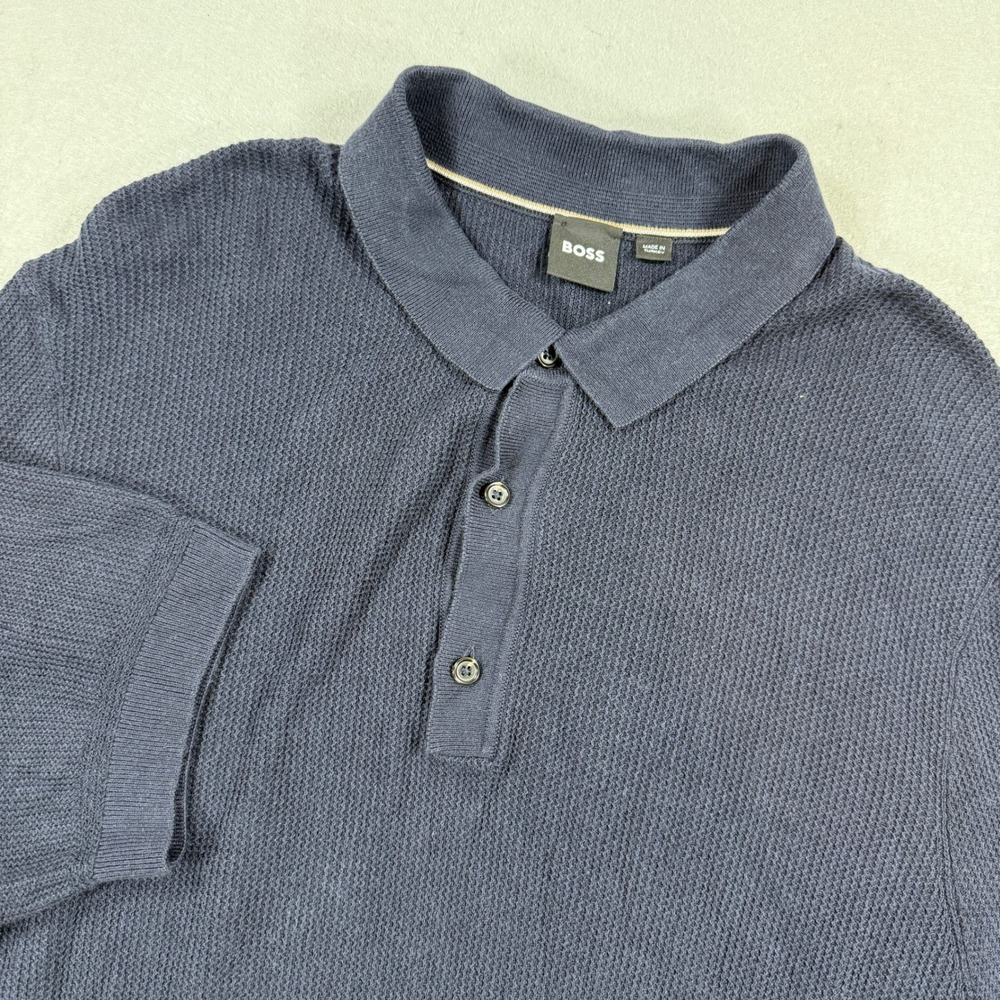 BOSS Polo Shirt Men‎ Large Navy Waffle Knit Short Sleeve Stretch Business Casual